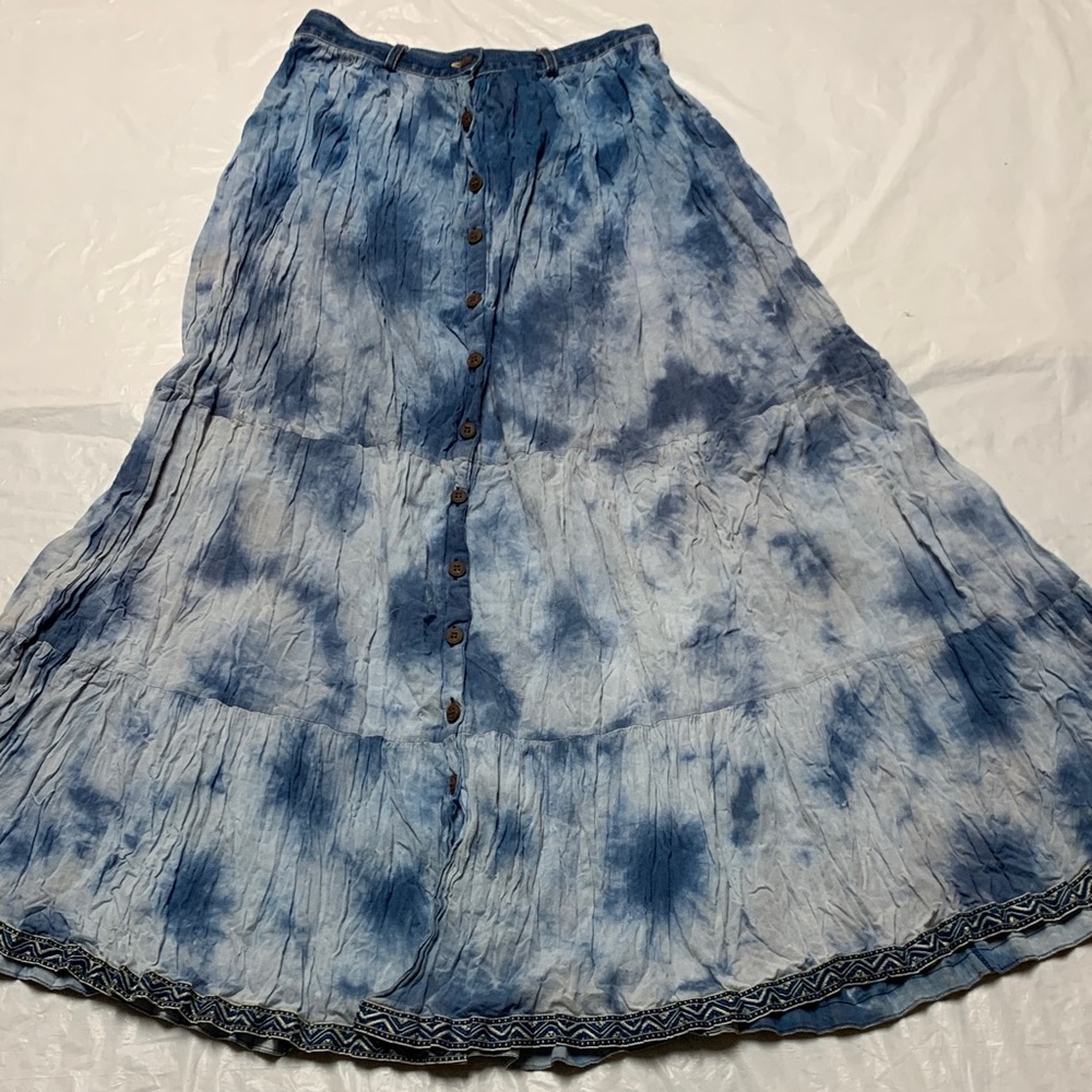 St John Bay Vintage Blue Tie Dye Button Front Boho Hippie Maxi Skirt Size 8